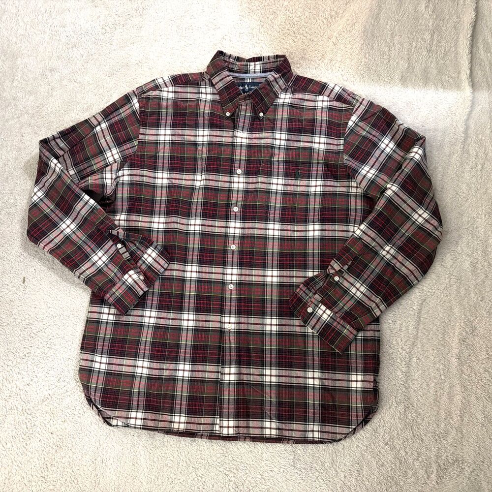 Ralph Lauren Mens XL Plaid Button-Up Shirt Long Sleeve Red Green Cotton Red